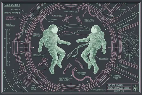 Twin astronaut explorers etched from carved jade drifting inside an orbital stat - AI生成图片 1
