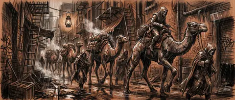 A tense cinematic charcoal sketch of a desert nomad caravan forced into a rain-l - AI生成图片 2