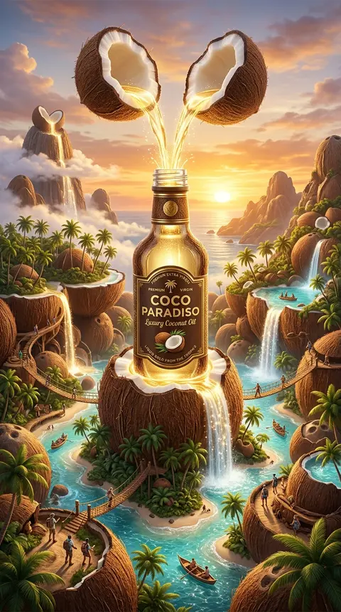 Epic surreal advertising artwork showcasing a luxurious coconut oil bottle as th - AI生成图片 2