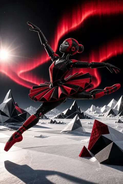 A jubilant robotic ballet dancer crafted from plush felt panels and stitched vel - AI生成图片 1