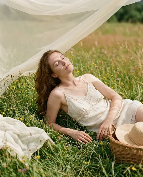A realistic outdoor natural-light portrait of an adult young woman lying on a su - AI生成图片 3