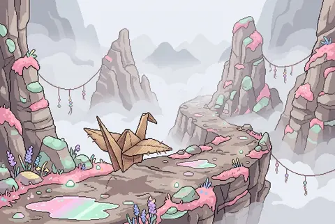 A playful whimsical 16-bit pixel art scene of a living origami paper crane with - AI生成图片 2