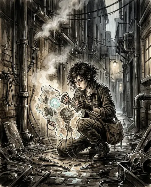 A young tinkering inventor crouched in a rain-soaked back alley, assembling a tr - AI生成图片 2