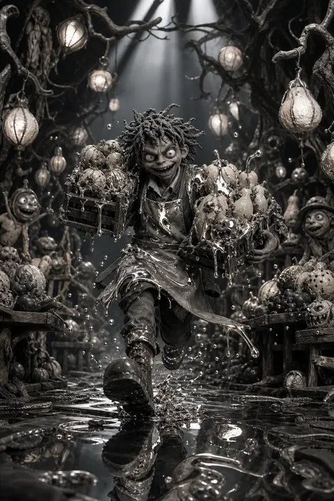 Full-body cinematic tableau of a feral fruit vendor sculpted in claymation stop- - AI生成图片 2