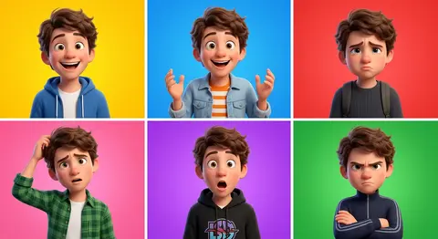 A 3D Pixar-style animated young male character showcased in a 6-panel grid layou - AI生成图片 1