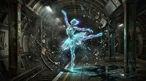 A ferocious editorial tableau on a deserted underground rail platform: a robotic - AI生成图片 4