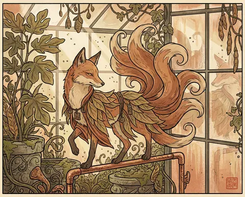 mythical nine-tailed fox spirit poised atop a hammered copper watering rail insi - AI生成图片 3