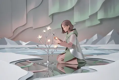 竖版 2:3 构图的前卫视觉海报，极简却充满张力：一位年轻的星穹园丁立于覆满霜晶的极地荒原，脚下不是土地，而是像被寒夜冻结的镜面汞流，薄薄铺展在雪层之间，映出破 - AI生成图片 3