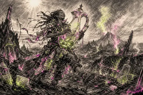 A jubilant wandering street musician crossing a sun-blasted volcanic wasteland, - AI生成图片 2