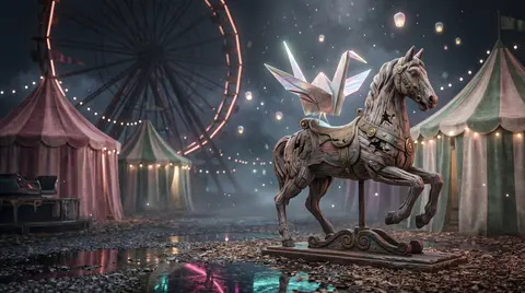An awakened origami paper crane poised atop a weathered driftwood carousel horse - AI生成图片 1