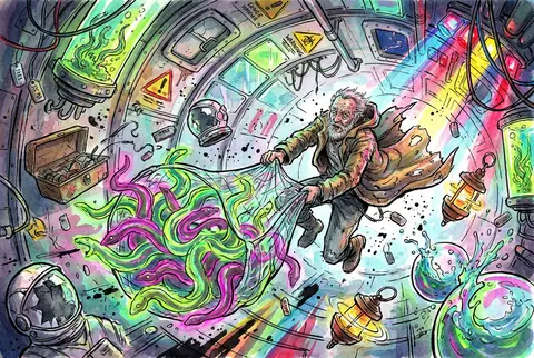 An elderly fisherman hurtling through a cluttered orbital station market ring, c - AI生成图片 2