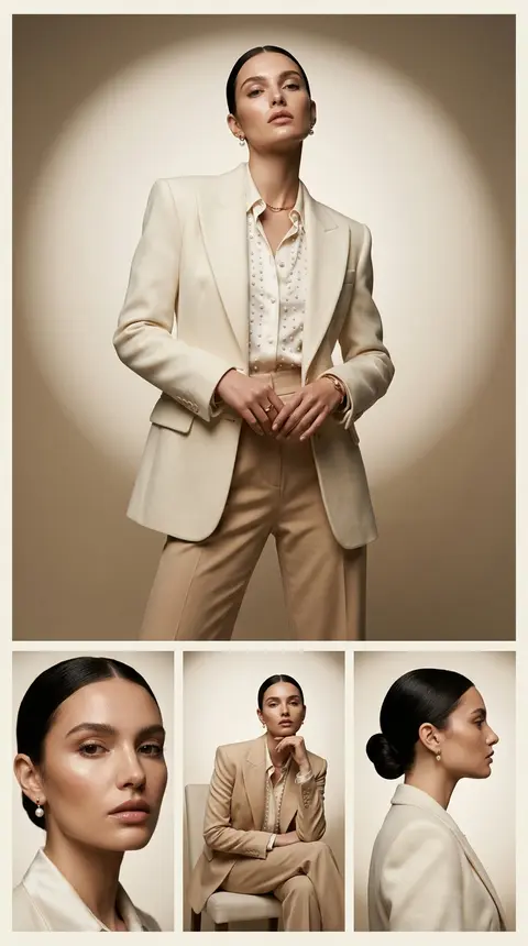 High-fashion editorial collage in a tall vertical layout, featuring **Elara Voss - AI生成图片 1