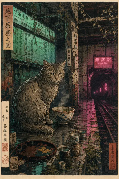 tea-house cat pausing in a hush of private ritual on an abandoned subway platfor - AI生成图片 3