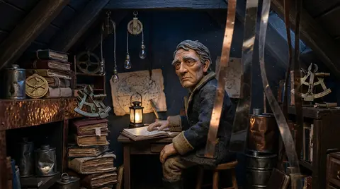 A weathered lighthouse keeper with salt-silver lashes and wind-creased skin sits - AI生成图片 3