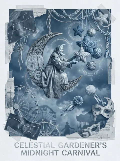 Surrealist photo-collage poster of a celestial gardener tending knitted-wool sta - AI生成图片 2