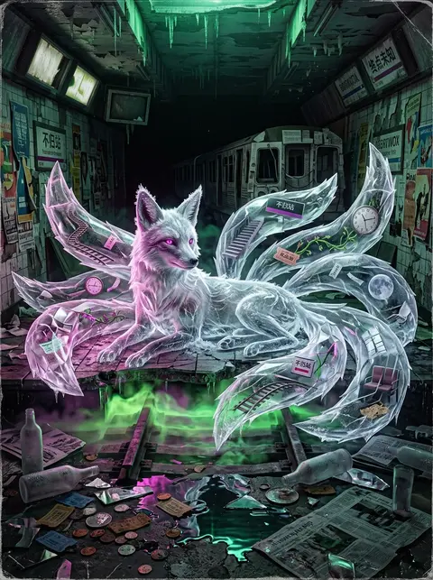 一幅超高细节的超现实摄影拼贴海报，纵向构图，俯视中带轻微仰角，气氛诡秘而幽冷。画面中心不是旅行纪念品，而是一座由霜晶雕成的九尾狐灵半卧在废弃地铁站台中央，身体像 - AI生成图片 4