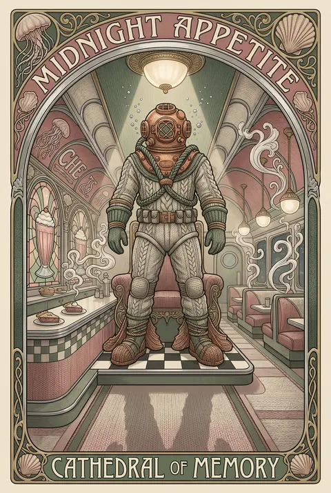 Monumental art nouveau poster of a deep-sea diver enthroned inside a glowing 195 - AI生成图片 2