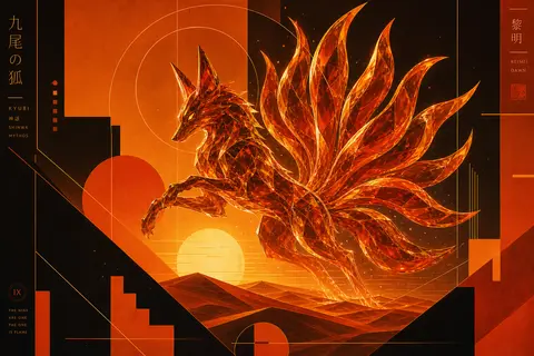 Vertical 3:4 bauhaus geometric poster of a mythical nine-tailed fox spirit risin - AI生成图片 1