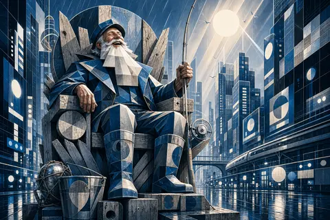 A jubilant elderly fisherman perched atop a sculptural throne built from weather - AI生成图片 2