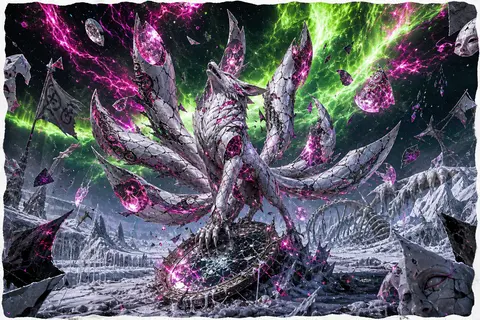 超现实摄影拼贴风格，狂躁而充满爆发力的画面中央，一只神话般的九尾狐灵昂首立于冰封荒原，身躯由裂纹密布的瓷器拼接而成，断面锋利，反光诡异，九条巨尾像碎裂的扇刃般向 - AI生成图片 2