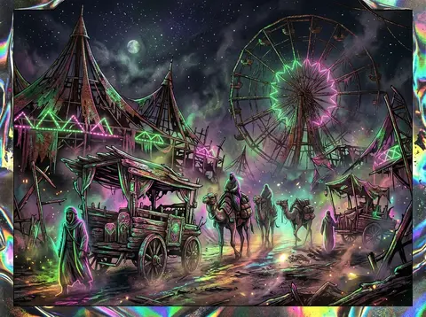 A desert nomad caravan drifting through a midnight carnival of rusted tent spire - AI生成图片 2