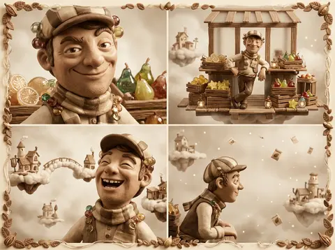 claymation stop-motion collage of a playful market fruit vendor on floating sky - AI生成图片 3