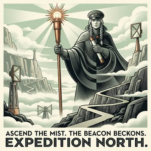 An epic, monumental art deco travel poster depicting a lighthouse keeper ascendi - AI生成图片 2