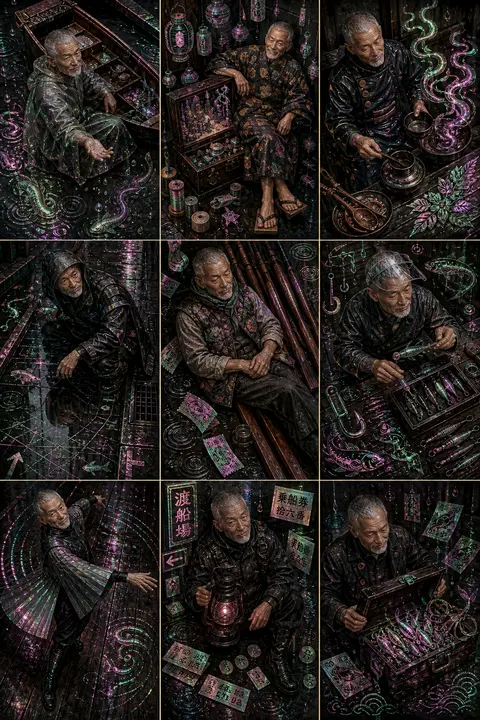 A refined 3x3 art-board of the same weathered elderly fisherman seen in every fr - AI生成图片 2