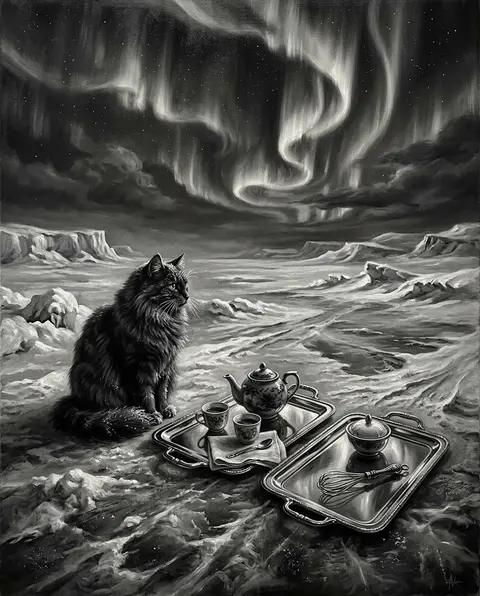 A hushed still life of a tea-house cat poised beside two gleaming polished-chrom - AI生成图片 1