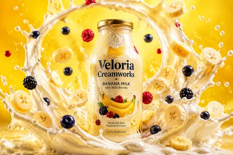 Veloria Creamworks banana-milk drink bottle centered in a high-impact commercial - AI生成图片 2