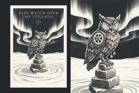 Vertical 9:16 risograph two-tone art print depicting an intricate clockwork owl - AI生成图片 2