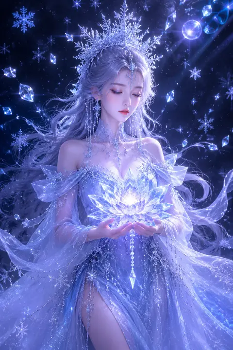 Vertical half-body CG illustration, ice queen, stunning cold East Asian beauty, - AI生成图片 1