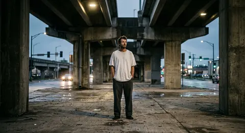 A moody urban portrait of a solitary drifter standing beneath a desolate concret - AI生成图片 1