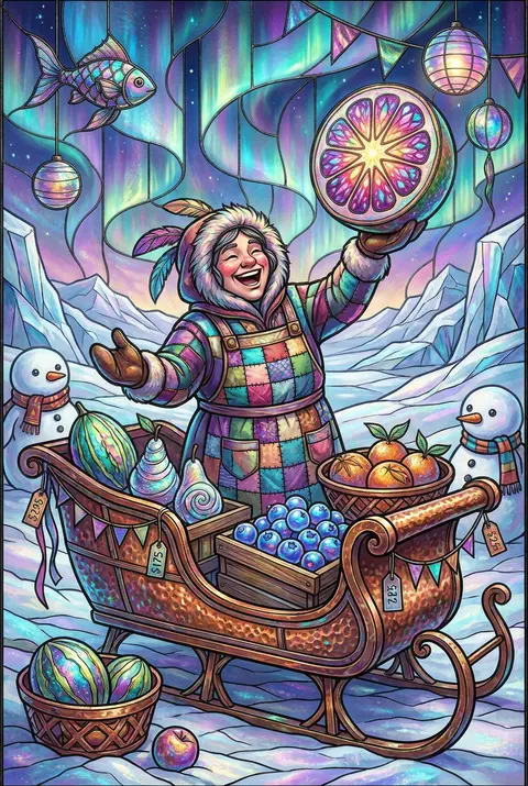 一幅充满奇想与冲击力的竖版极地集市幻想海报：画面中央是一位神采飞扬的水果摊贩，裹着层层拼接的御寒围裙与夸张羽饰兜帽，站在一辆由 hammered copper - AI生成图片 3