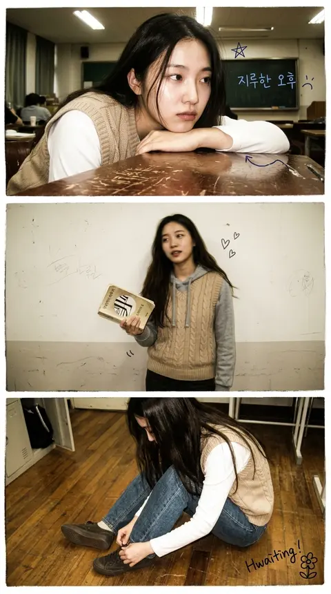 A vertical 3-panel college-era photo strip featuring Yuna Seorim, a long-haired - AI生成图片 1