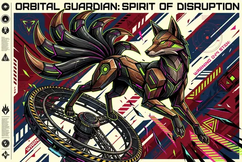 A feral nine-tailed fox spirit dominates a tall orbital-station propaganda poste - AI生成图片 4