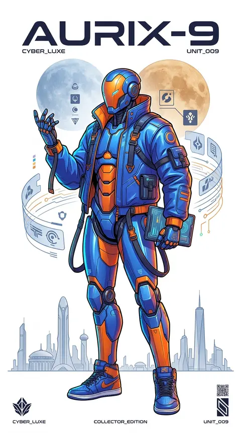 Create a premium collector’s-edition character poster featuring `AURIX-9`, a sle - AI生成图片 2