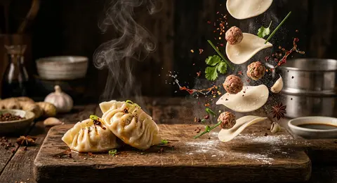 A cinematic editorial food portrait of “The Emberveil Momo Pair”: freshly steame - AI生成图片 1