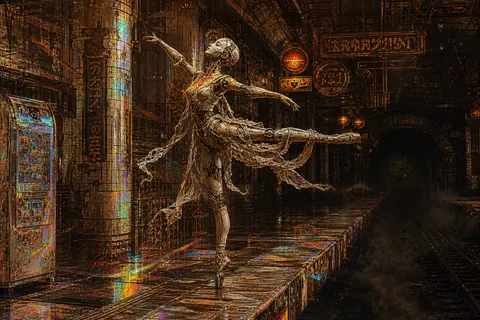 A robotic ballet dancer poised alone on an abandoned subway platform, torso twis - AI生成图片 3