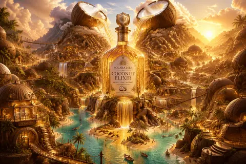 Epic surreal advertising artwork featuring a lavish bottle of `Solara Isle Cocon - AI生成图片 3