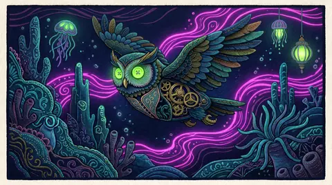 A dreamlike, serene scene of a clockwork owl drifting through the underwater aby - AI生成图片 2