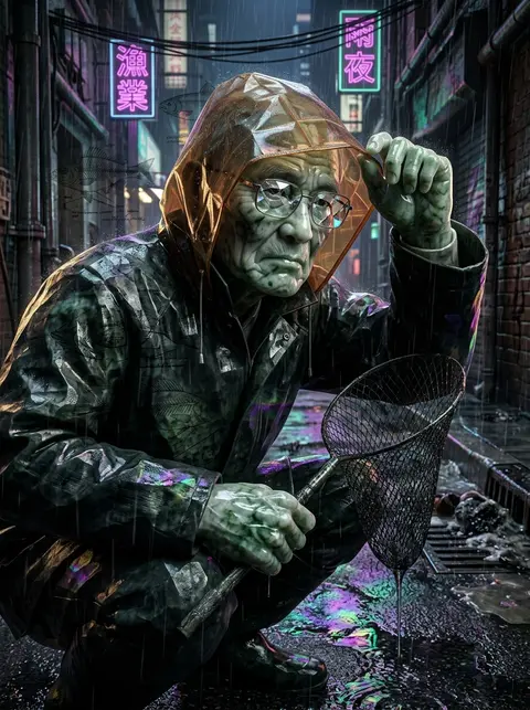 An elderly fisherman crouched in a rain-soaked back alley beside overflowing sto - AI生成图片 2