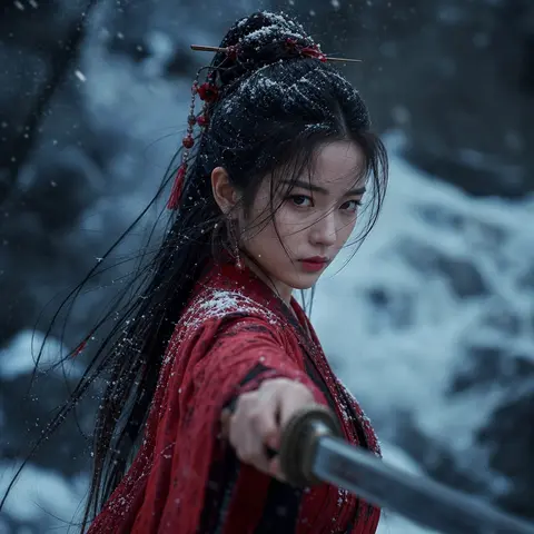 cinematic medium close-up, beautiful young chinese female swordsman, sharp cold - AI生成图片 2