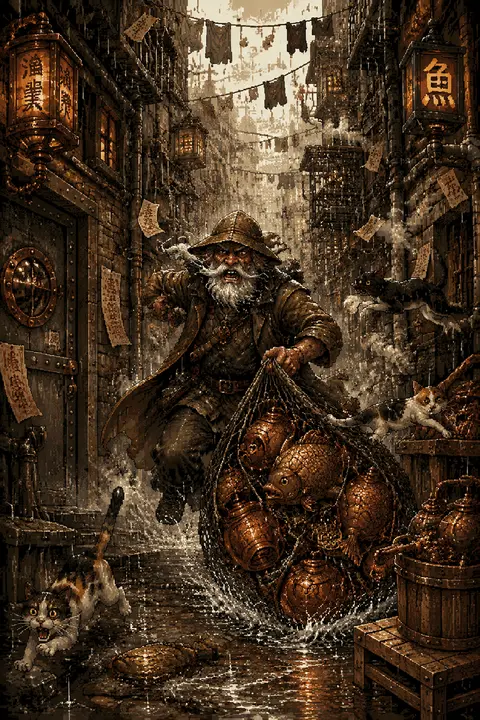 Vertical 16-bit pixel art tableau of an elderly fisherman bursting through a rai - AI生成图片 3