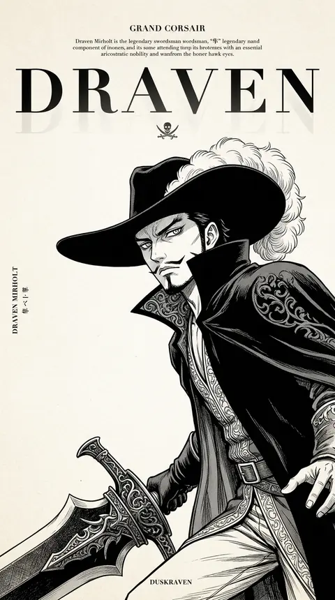 一张极简高级感的黑白漫画风角色海报，纵向超高构图，纯白微暖米色纸张背景，画面中心是一位原创传奇剑士“黑隼”德拉文·米尔霍特的半身近景肖像，低角度仰视视角，人物从 - AI生成图片 4