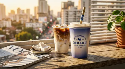 Soft Pop commercial photography of a frosted cobalt-and-white takeaway coffee cu - AI生成图片 3