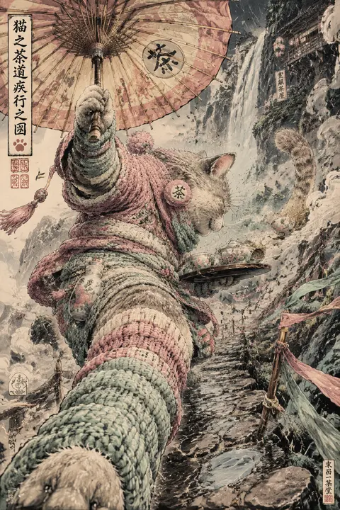 a whirlwind tea-house cat racing through a fog-drowned mountain pass, captured i - AI生成图片 2