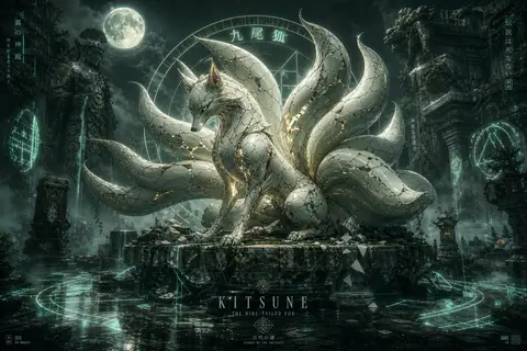 A mythical nine-tailed fox spirit poised atop a fractured stone altar in ancient - AI生成图片 2