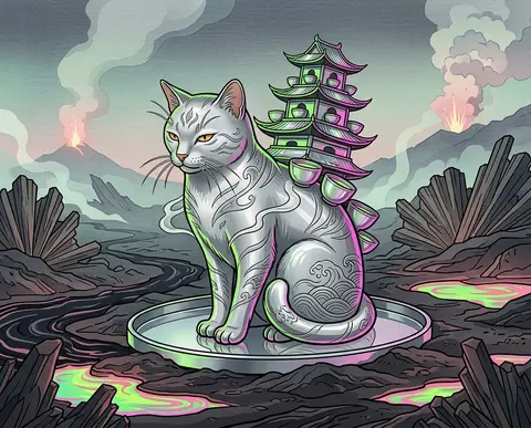 A silver-furred tea-house cat with elongated whiskers and half-lidded amber eyes - AI生成图片 2