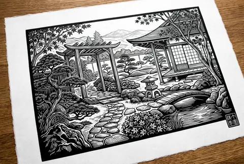 { "prompt_en": "A hand-carved linocut print in the Japanese ukiyo-e inspired st - AI生成图片 2
